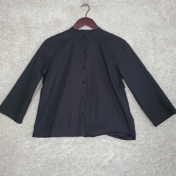 Eileen Fisher Shirt Womens Medium Petite PM Black Button Front Long Sleeve - Picture 1 of 10